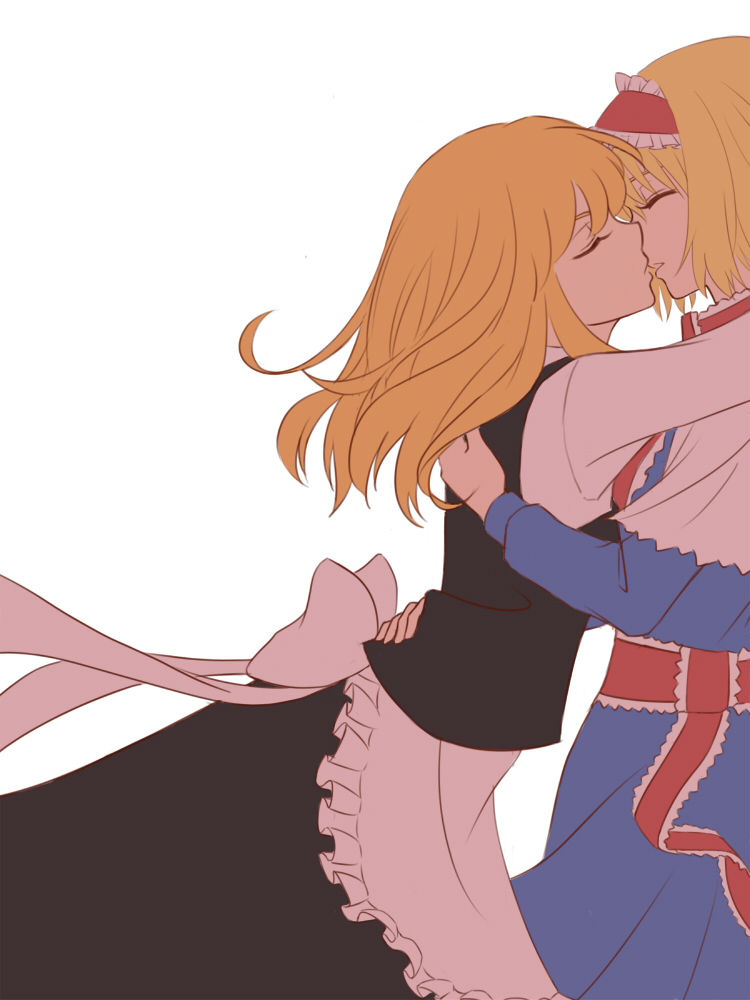 alice_margatroid, apron, blonde_hair, blue_eyes, capelet, closed_eyes, hairband, hug