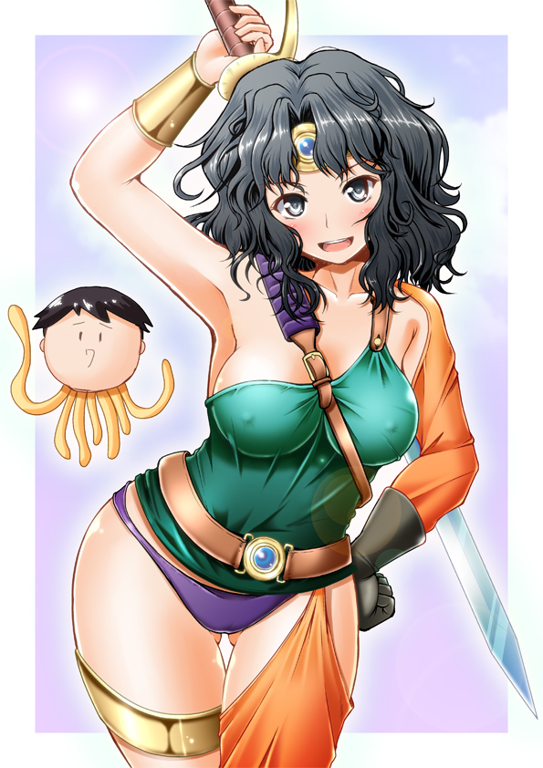 1girl, amagami, black_eyes, black_hair, blush, breasts, circlet, cosplay, cowboy_shot, dragon_quest, dragon_quest_iv, covered_erect_nipples, gloves, heroine_(dq4), heroine_(dq4)_(cosplay), large_breasts, looking_at_viewer, messy_hair, open_mouth, short_hair, smile, sword, tachibana_jun'ichi, tanamachi_kaoru, tomoken, tomonaga_kenji, wavy_hair, weapon