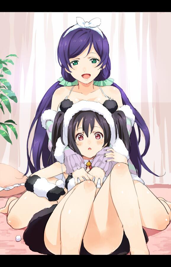 10s, 2girls, :d, :o, animal_costume, black_hair, detached_collar, green_eyes