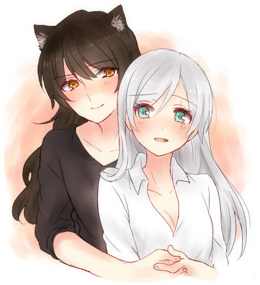 2girls, :d, animal_ears, aqua_eyes, bad_id, bad_pixiv_id, black_hair, black_shirt