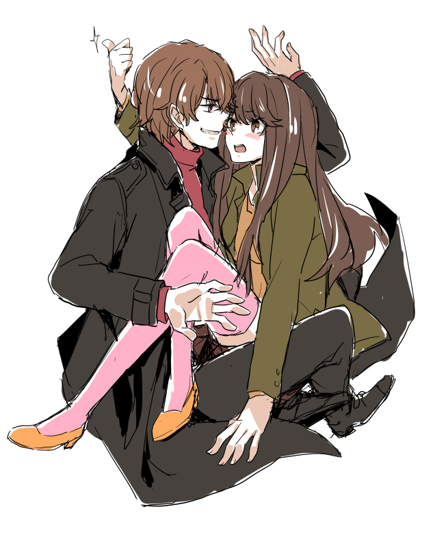 1boy, 1girl, blush, brown_eyes, brown_hair, coat, high_heels, hikari_natsumi, jacket, kadoya_tsukasa, kamen_rider, kamen_rider_dcd, long_hair, pants, red_eyes, shiro1991, shoes, short_hair, sitting, sitting_on_lap, sitting_on_person, smirk, softwhite3, sparkle, thighhighs, thumbs_up