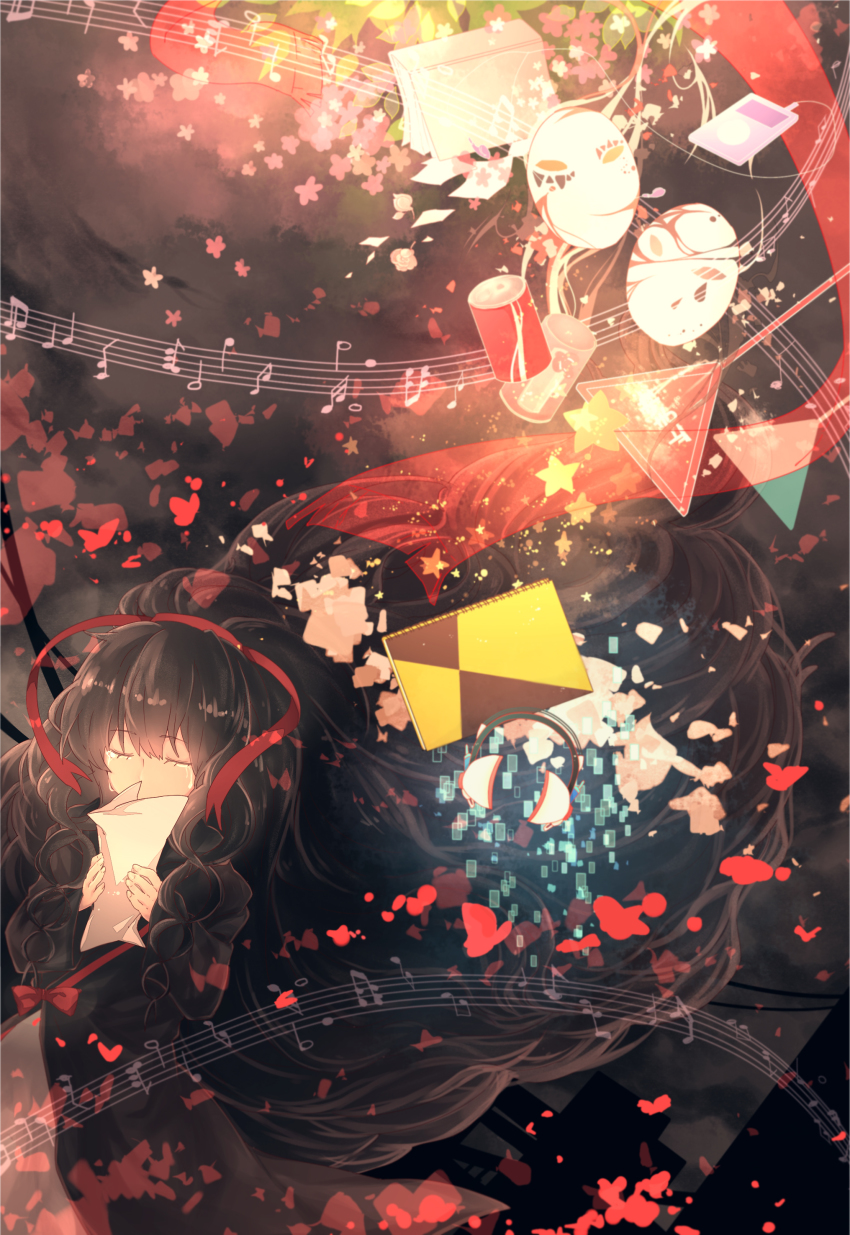 1girl, absurdres, azami_(kagerou_project), black_hair, can, closed_eyes, mp3_player, drink_can