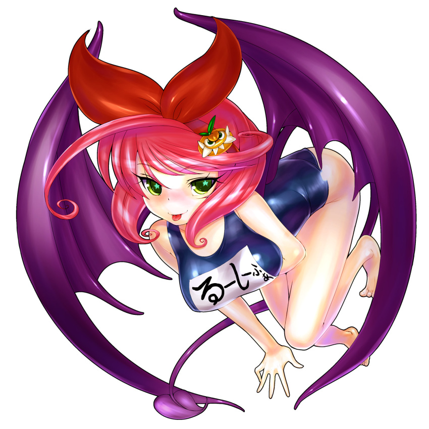 1girl, :p, ahoge, barefoot, breast_lift, breasts, demon_girl, demon_tail