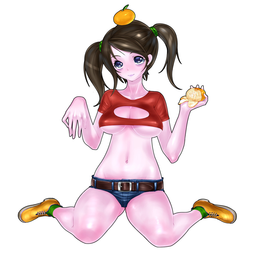 1girl, ankle_boots, belt, black_hair, blue_eyes, boots, breasts, cleavage