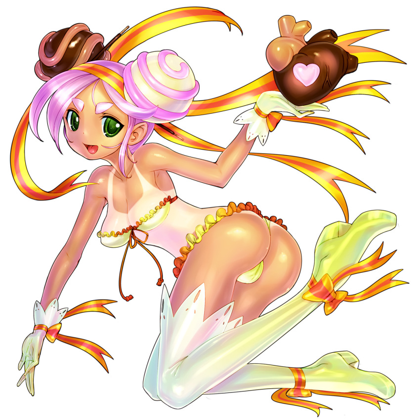 1girl, ass, bikini, boots, bow, breasts, dark-skinned_female, dark_skin