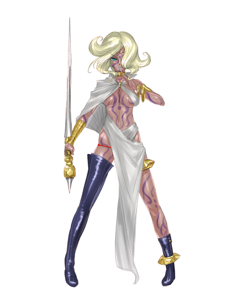 1girl, ancient_greek_clothes, aqua_eyes, asymmetrical_footwear, blonde_hair, boots, bracelet, bracer, breasts, choker, cleavage, dark-skinned_female, dark_skin, female_focus, fighting_stance, full-body_tattoo, full_body, greco-roman_clothes, hair_over_one_eye, hayama_yuujirou, hayami_yuujirou, highres, himation, jewelry, lots_of_jewelry, lowleg, lowleg_panties, midriff, mismatched_footwear, no_bra, panties, red_panties, ring, short_hair, simple_background, solo, tattoo, tentacles_tactics, toga, tonfa, underboob, underwear, weapon, white_background