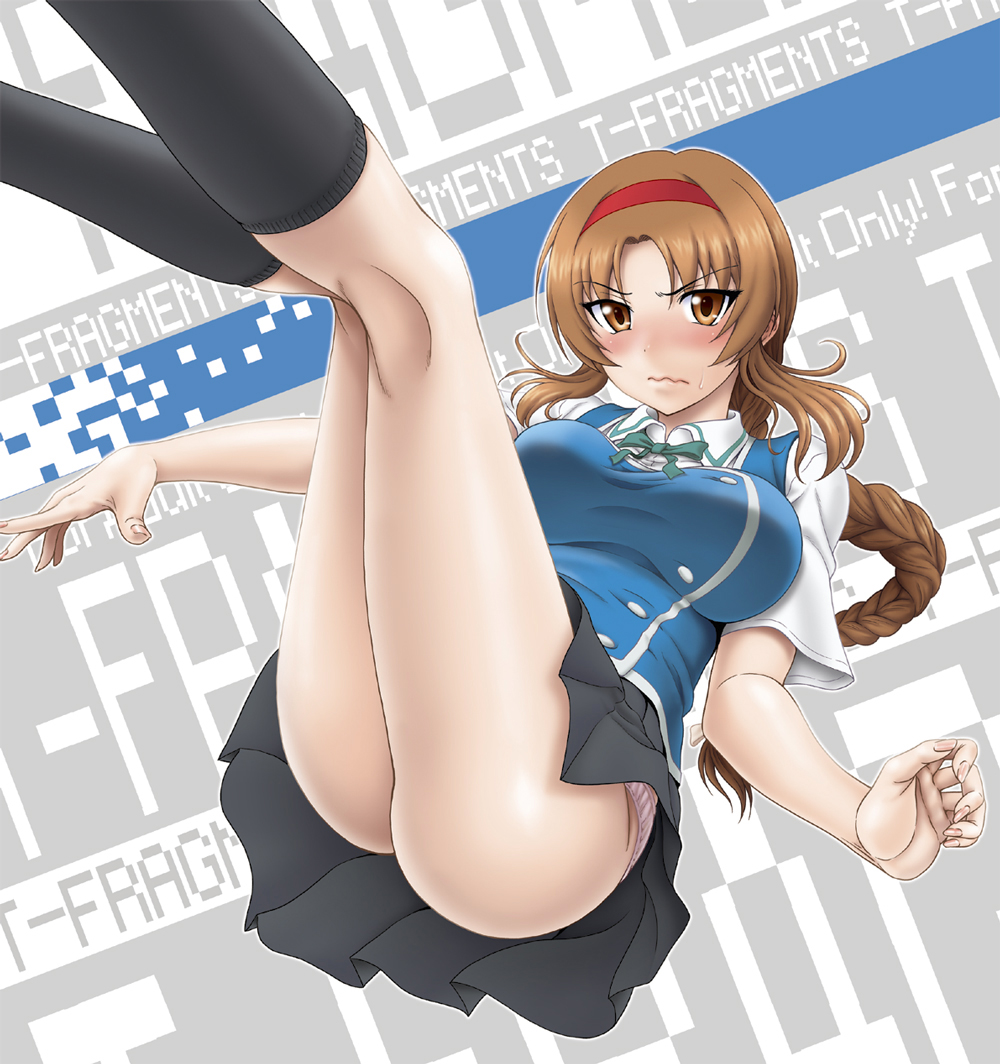 1girl, ass, braid, brown_eyes, brown_hair, d-frag!, female_focus, hairband, kneepits, long_hair, misnon_the_great, school_uniform, skirt, solo, takao_(d-frag!), thighs, upskirt