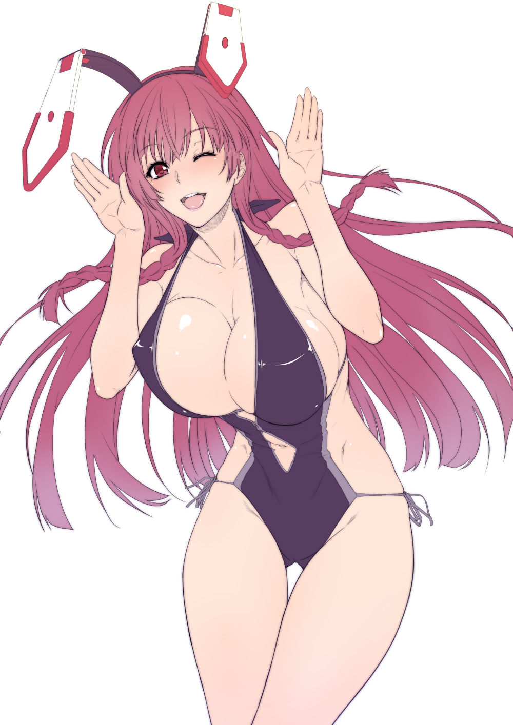 10s, 1girl, ;d, animal_ears, bad_id, bad_pixiv_id, blush, braid, breasts, bunny_ears_gesture, cleavage, clothing_cutout, female_focus, highres, infinite_stratos, large_breasts, long_hair, looking_at_viewer, navel, navel_cutout, one_eye_closed, open_mouth, rabbit_ears, rabbit_girl, rabbit_pose, red_eyes, red_hair, shinonono_tabane, simple_background, sketch, smile, solo, swimsuit, twin_braids, white_background, zucchini