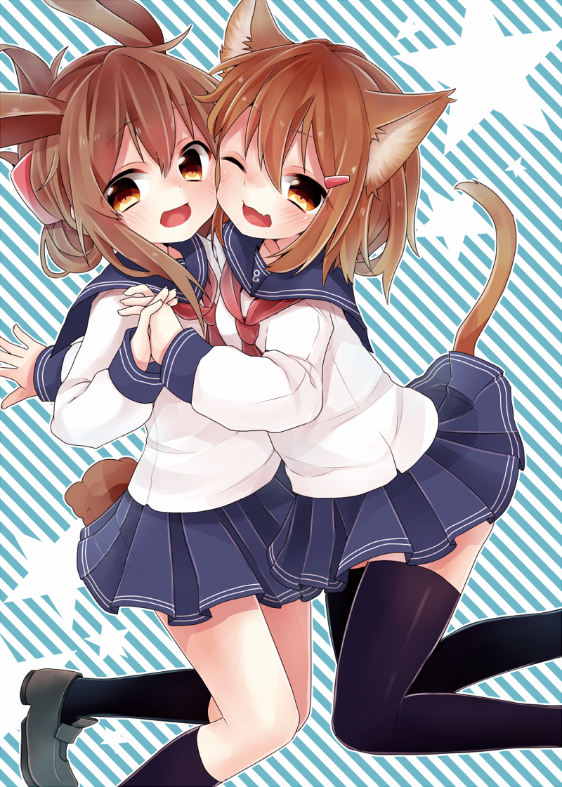 10s, 2girls, :d, animal_ears, blue_skirt, blush, brown_eyes, brown_hair