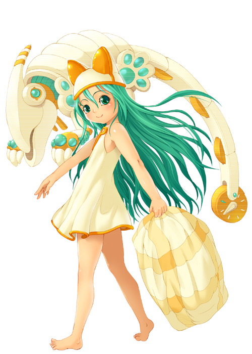 1girl, animal_hat, barefoot, dress, fantasy, feet, female_focus, green_eyes