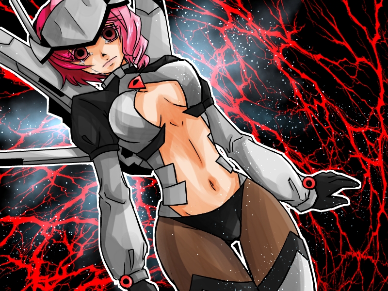 1girl, alisa_boskonovich, alternate_costume, android, black_gloves, breasts, center_opening, crazy_eyes