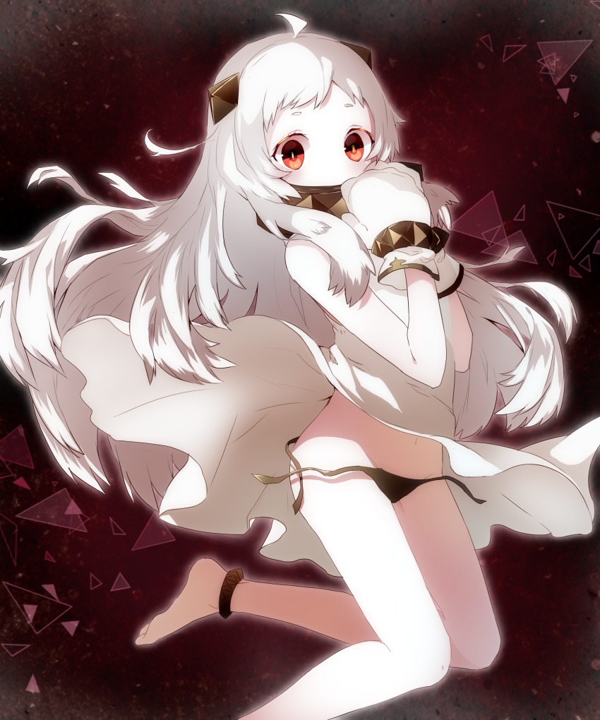 10s, 1girl, absurdres, abyssal_ship, accidental_exposure, ahoge, anklet, barefoot, black_panties, female_focus, highres, horns, jewelry, kantai_collection, long_hair, looking_at_viewer, lots_of_jewelry, mittens, navel, northern_ocean_princess, pale_skin, panties, red_eyes, side-tie_panties, solo, tokiwa_(io), underwear, untied_panties, wardrobe_malfunction, white_hair