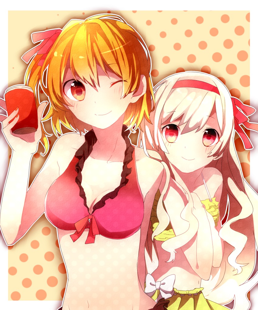 2girls, ;), arm_behind_back, bad_id, bad_pixiv_id, bikini, bow, breasts, brown_hair, can, cleavage, hair_bow, hair_ribbon, hairband, hands_on_own_chest, highres, holding, kagerou_project, kisaragi_momo, kozakura_marry, light_brown_hair, long_hair, looking_at_viewer, multiple_girls, navel, one_eye_closed, pleated_skirt, polka_dot, polka_dot_background, red_eyes, ribbon, short_hair, skirt, small_breasts, smile, swimsuit, tokiwa_(io)