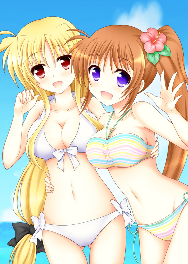 00s, 2girls, bikini, blonde_hair, blue_eyes, breasts, brown_hair, cleavage, fate_testarossa, long_hair, lyrical_nanoha, mahou_shoujo_lyrical_nanoha_strikers, multiple_girls, raikkonen713, red_eyes, side_ponytail, swimsuit, takamachi_nanoha