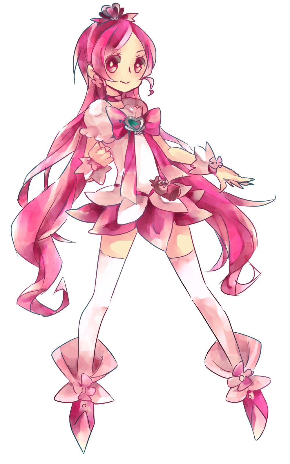 1girl, alternate_color, boots, bow, brooch, choker, cosplay, cure_blossom