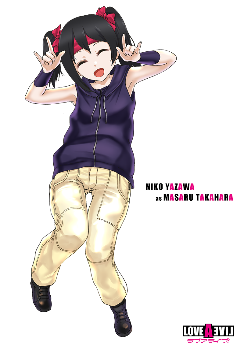 1girl, :d, bare_shoulders, black_hair, blush, bow, character_name, closed_eyes, cosplay, double_m/, female_focus, hair_bow, headband, hood, hoodie, infinote, live_a_live, love_live!, love_live!_school_idol_project, m/, nico_nico_nii, open_mouth, short_hair, smile, solo, takahara_masaru, takahara_masaru_(cosplay), twintails, yazawa_nico