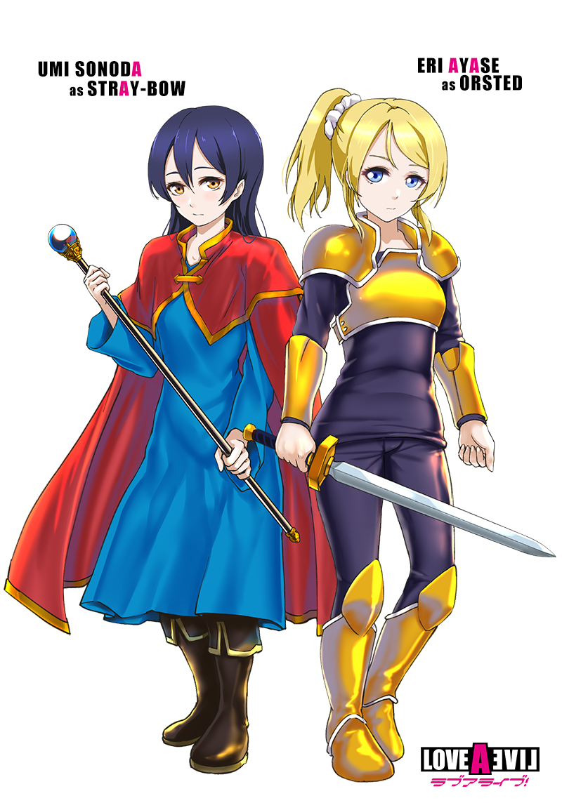 2girls, armor, ayase_eli, blonde_hair, blue_eyes, blue_hair, blush, cosplay