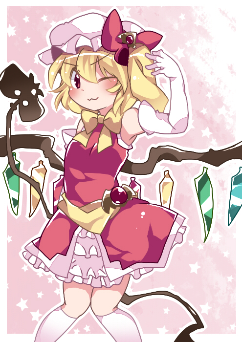>;3, 1girl, ;3, armpits, bad_id, bad_pixiv_id, beckoning, blonde_hair, blush, bow, bowtie, dress, elbow_gloves, embellished_costume, female_focus, flandre_scarlet, gloves, hair_bow, hammer_(sunset_beach), hat, knees_together_feet_apart, laevatein, looking_at_viewer, magical_girl, mob_cap, one_eye_closed, red_dress, red_eyes, sash, side_ponytail, smile, socks, solo, star_(symbol), touhou, v-shaped_eyebrows, wings