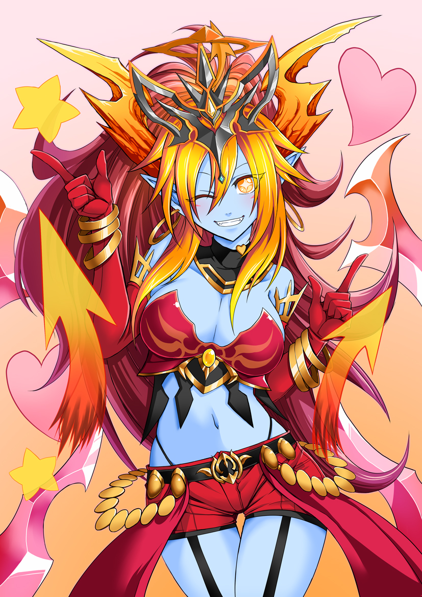 1girl, ahoge, arrow_(symbol), bare_shoulders, black_panties, blue_skin, blush, breasts