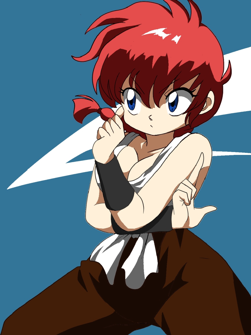 1girl, artist_collaboration, blue_eyes, braid, breasts, cleavage, female_focus, gender_request, genderswap, highres, lum10, ranma-chan, ranma_1/2, red_hair, saotome_ranma, single_braid, solo, wanta_(futoshi), wristband