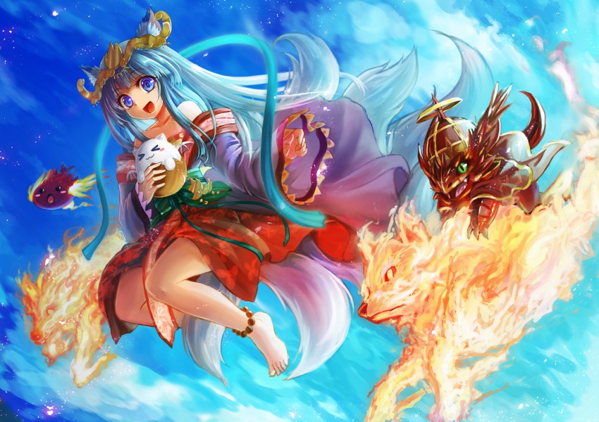 >_<, 1girl, :d, animal_ears, anklet, bare_legs, bare_shoulders, bead, blue_eyes, blue_hair, blue_sky, blush_stickers, closed_eyes, cloud, collarbone, creature, dragon, female_focus, fire, flamie_(p&amp;d), fox, fox_ears, fox_tail, freeze-ex, hagoromo, headpiece, holding, japanese_clothes, jewelry, kimono, long_hair, long_sleeves, matching_hair/eyes, mitsuki_(p&amp;d), multiple_tails, obi, off_shoulder, open_mouth, outdoors, puzzle_&amp;_dragons, ruby_dragon_(p&amp;d), sash, shawl, sky, sleeves_past_wrists, smile, solo, tail, tamadra, very_long_hair