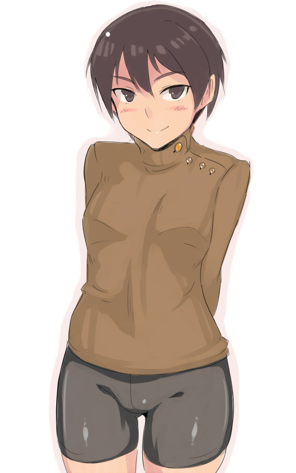 1girl, arms_behind_back, bike_shorts, black_hair, character_request, cowboy_shot, em_(totsuzen_no_hakike), female_focus