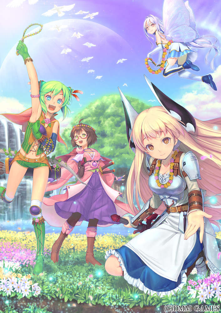 4girls, :d, arm_up, armor, arrow_(projectile), bird, blonde_hair, blue_eyes