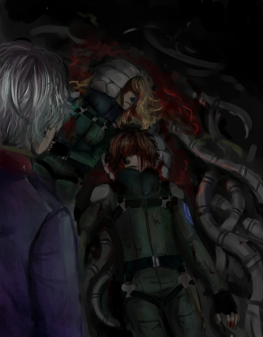 10s, 1girl, 2boys, aldnoah.zero, asseylum_vers_allusia, bad_id, bad_pixiv_id, blonde_hair, blood, blood_on_face, brown_hair, death, fingerless_gloves, gloves, hair_over_eyes, helmet, highres, kaizuka_inaho, long_hair, medeakn, military, military_uniform, multiple_boys, murder, pilot_suit, short_hair, silver_hair, slaine_troyard, spacesuit, spoilers