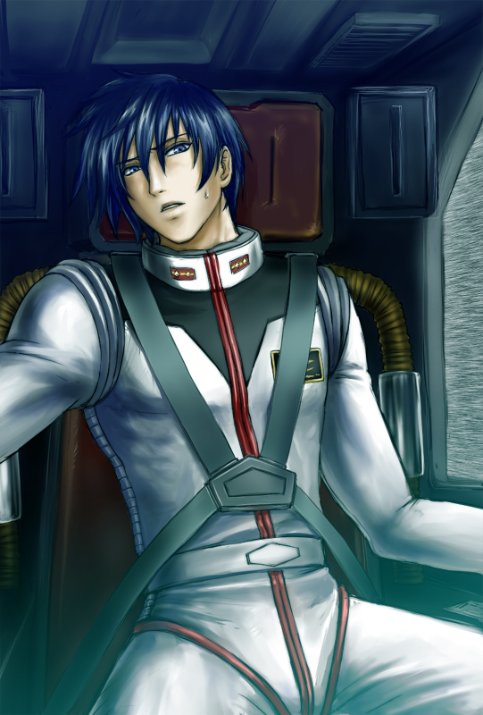 1boy, blue_eyes, blue_hair, cockpit, gundam, gundam_side_story:_the_blue_destiny, indoors, male_focus, matching_hair/eyes, pilot_suit, sitting, solo, yu_kajima, zenius