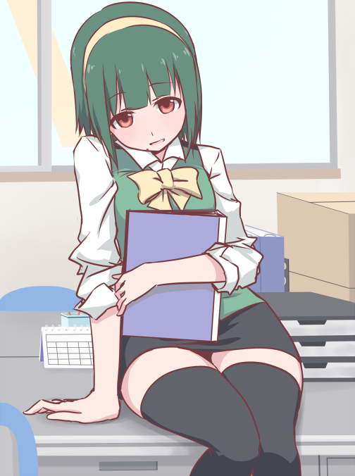 1girl, arm_support, black_thighhighs, desk, ekusiregaia, female_focus, green_hair, hairband