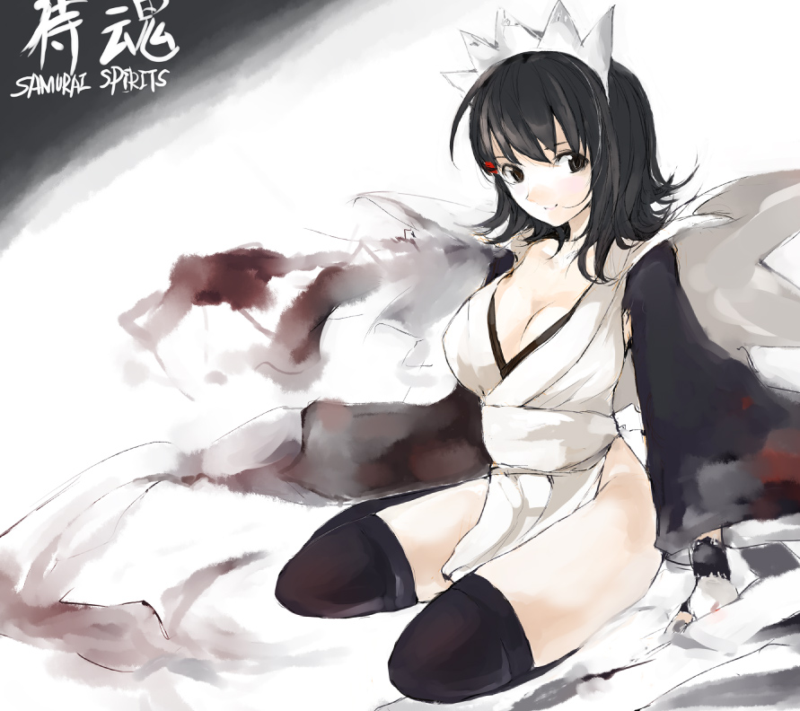 1girl, black_eyes, black_hair, breasts, copyright_name, female_focus, flipped_hair, iroha_(samurai_spirits)