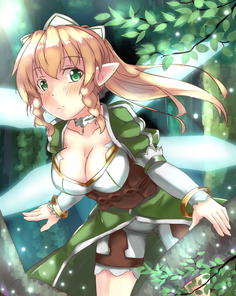 10s, 1girl, aqua_wings, blonde_hair, braid, breasts, cleavage, fairy_wings