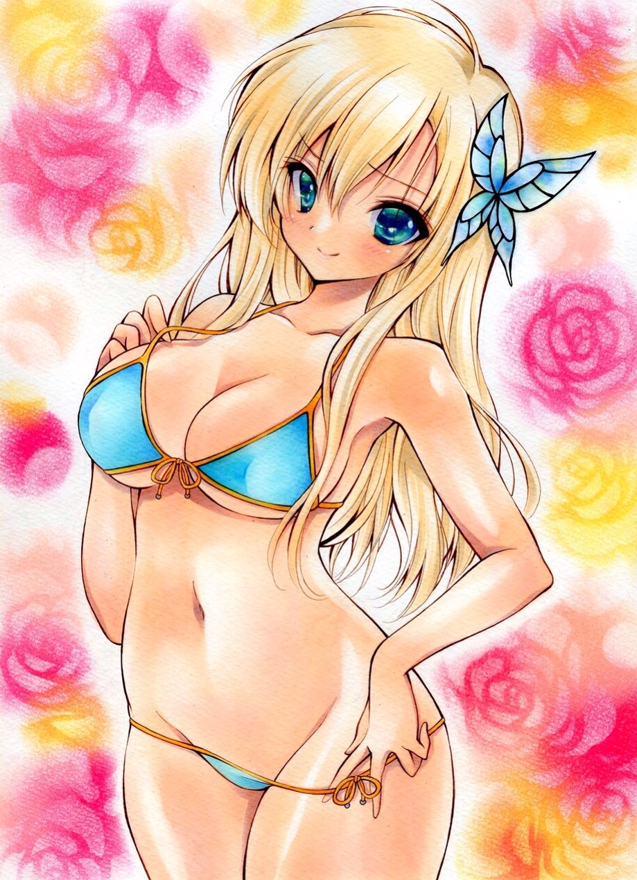 10s, 1girl, bad_id, bad_pixiv_id, bikini, blonde_hair, blue_bikini, blue_eyes