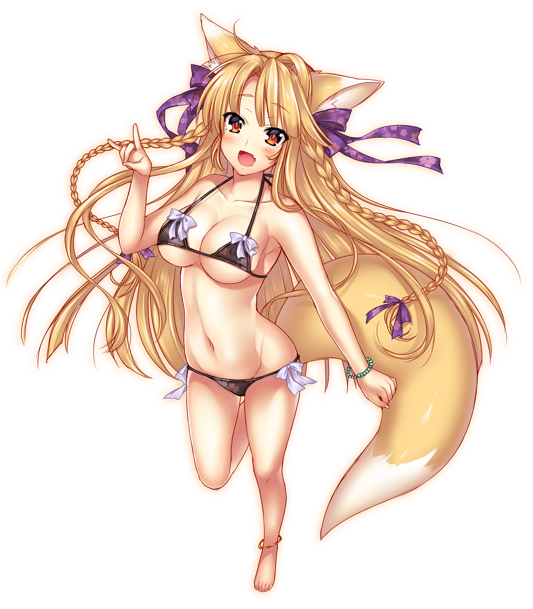 1girl, akashi15, akashi_(akashimichi), animal_ears, barefoot, bikini, black_bikini, blonde_hair