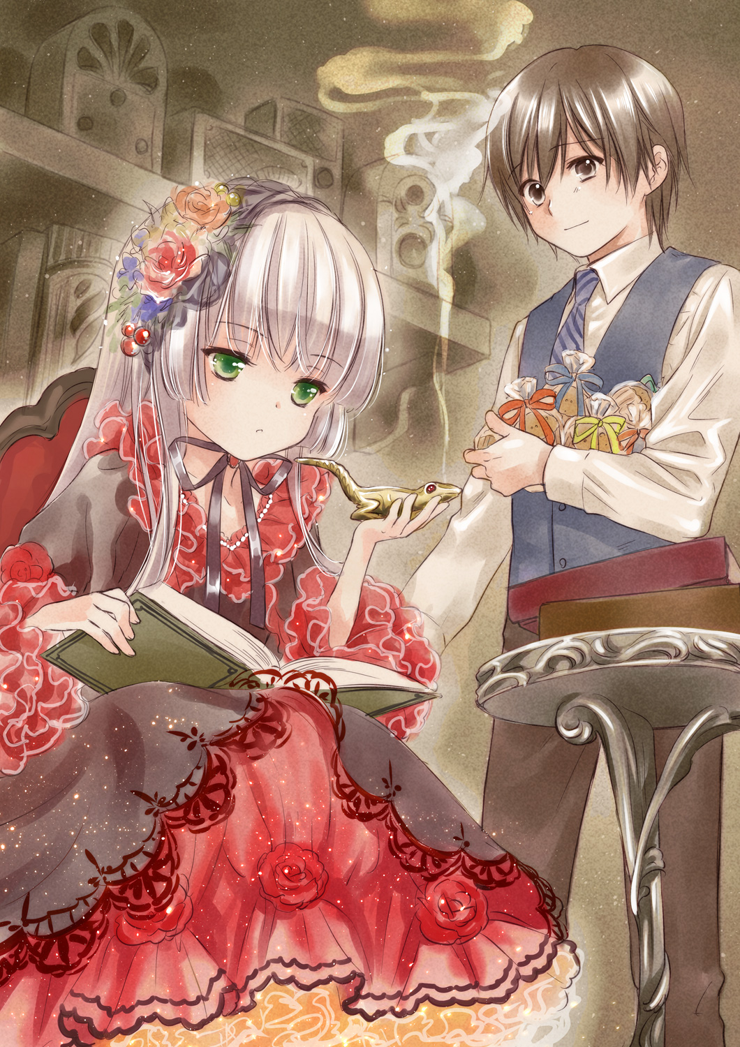 1boy, 1girl, amano_sakuya, book, brown_eyes, brown_hair, carrying, chinstrap, dress, flower, food, formal_clothes, frilled_dress, frills, gosick, gosick_red, gown, hairband, highres, hime_cut, kujou_kazuya, lace, lizard, lolita_fashion, long_hair, muffin, necktie, official_art, aged_up, open_book, red_flower, red_rose, ribbon, rose, short_hair, silver_hair, smile, smoke, smoking, table, vest, victorica_de_blois