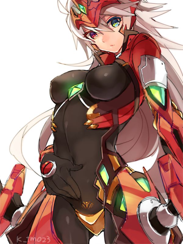 1girl, alpha-01, blazblue, bodysuit, breasts, crotch_plate, forehead_protector, genderswap
