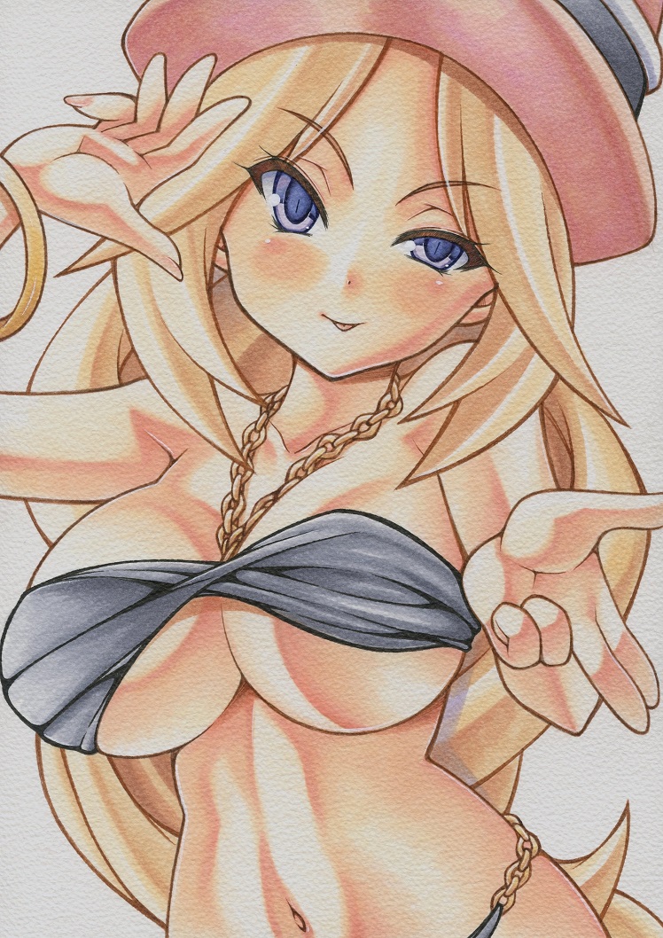 10s, 1girl, bikini, black_bikini, blonde_hair, blue_eyes, breasts, cleavage