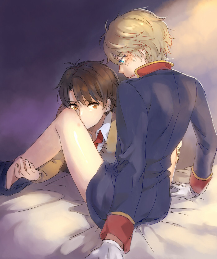 10s, 2boys, aldnoah.zero, bed, blush, brown_eyes, brown_hair, green_eyes
