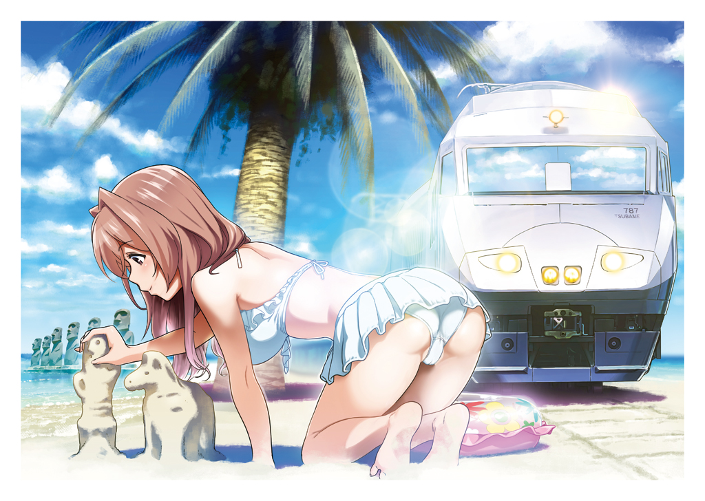 10s, 1girl, all_fours, ass, barefoot, beach, bikini, brown_hair, building_sand_sculpture, coconut_tree, day, easter_island, feet, female_focus, frilled_bikini, frills, hair_intakes, hakatanmon, innertube, japan_railways, koumi_haruka, kyushu_railway_company, lens_flare, multiple_unit_train, outdoors, palm_tree, rail_wars!, sand_sculpture, solo, swim_ring, swimsuit, train, tree, water, white_bikini