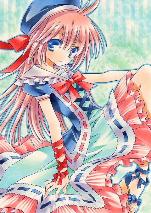 1girl, ahoge, bad_id, bad_pixiv_id, blue_eyes, bow, female_focus, hat