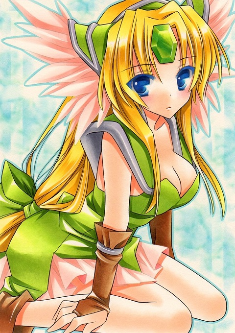 1girl, bad_id, bad_pixiv_id, blonde_hair, blue_eyes, breasts, brown_gloves, cleavage, elbow_gloves, female_focus, fingerless_gloves, forehead_jewel, gloves, headgear, kingin_shishou, long_hair, looking_at_viewer, low-tied_long_hair, marker_(medium), riesz, seiken_densetsu, seiken_densetsu_3, sitting, solo, traditional_media