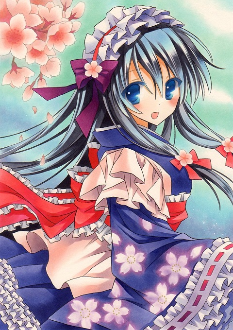 1girl, :d, bad_id, bad_pixiv_id, blue_eyes, cherry_blossoms, female_focus, frills