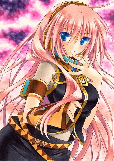 1girl, bad_id, bad_pixiv_id, blue_eyes, detached_sleeves, female_focus, headphones, kingin_shishou, long_hair, looking_at_viewer, marker_(medium), megurine_luka, navel, pink_hair, smile, solo, traditional_media, vocaloid