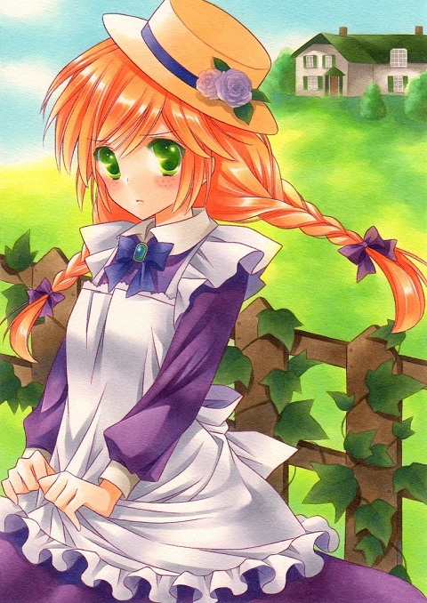 1girl, anne_of_green_gables, anne_shirley, bad_id, bad_pixiv_id, bow, braid, brown_hair, building, female_focus, freckles, grass, green_eyes, hair_bow, hair_ribbon, hat, kingin_shishou, long_hair, looking_at_viewer, low_twintails, marker_(medium), ribbon, solo, traditional_media, twin_braids, twintails