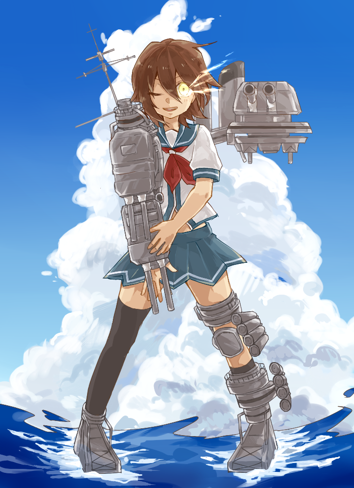 10s, 1girl, bad_id, bad_pixiv_id, brown_hair, cannon, cloud, day, full_body, furutaka_(kancolle), glowing, glowing_eye, kantai_collection, mecha_musume, neckerchief, open_mouth, pinatti, school_uniform, serafuku, short_hair, skirt, smile, standing, standing_on_liquid, thighhighs, waves, weapon, yellow_eyes