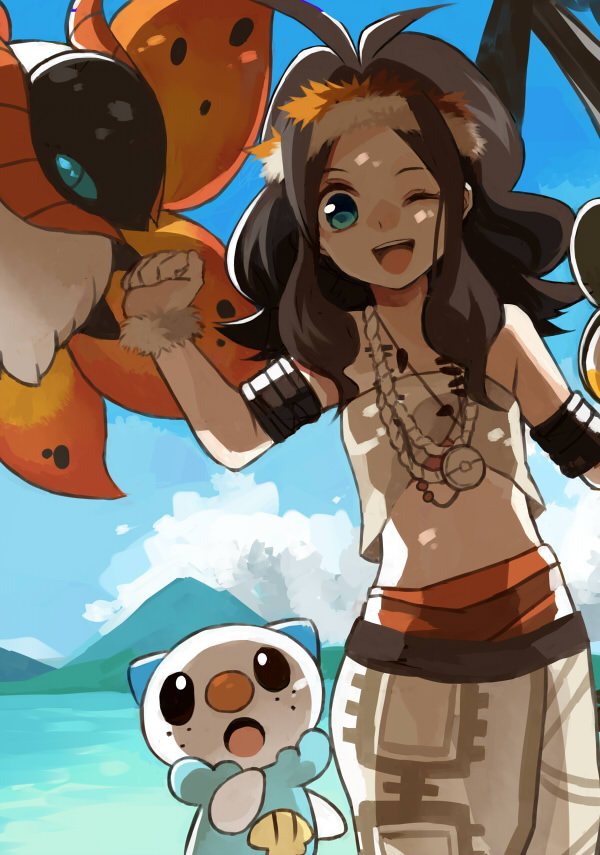 10s, 1girl, amarisu, bare_shoulders, beach, blue_eyes, blue_sky, brown_hair, bug, day, gen_5_pokemon, headband, hilda_(pokemon), jewelry, long_hair, midriff, nintendo, one_eye_closed, open_mouth, oshawott, pendant, pokemon, pokemon_(creature), pokemon_black_and_white, sky, smile, volcarona