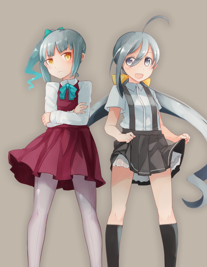 2girls, :d, ahoge, bad_id, bad_pixiv_id, black_socks, blouse, blue_bow, bow, bowtie, clothes_lift, comah, cosplay, costume_switch, crossed_arms, frilled_skirt, frills, front-seamed_legwear, frown, gradient_hair, grey_background, grey_eyes, grey_legwear, grey_skirt, hair_bow, kantai_collection, kasumi_(kancolle), kasumi_(kancolle)_(cosplay), kiyoshimo_(kancolle), kiyoshimo_(kancolle)_(cosplay), kneehighs, long_sleeves, looking_at_viewer, low_twintails, multicolored_hair, multiple_girls, open_mouth, pantyhose, pleated_skirt, purple_skirt, school_uniform, seamed_legwear, shirt, side-by-side, side_ponytail, silver_hair, simple_background, skirt, skirt_lift, smile, socks, suspenders, twintails, yellow_bow, yellow_eyes