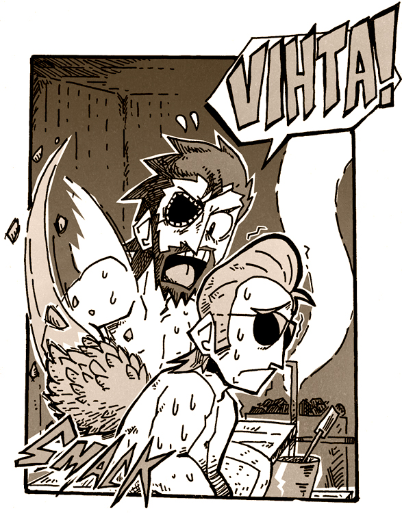 2boys, beard, big_boss, bucket, eyepatch, facial_hair, finnish_text, hitting