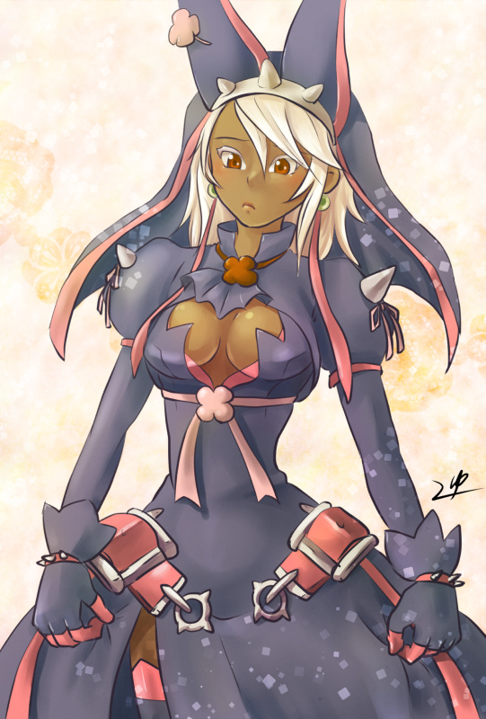 1girl, alternate_color, black_thighhighs, blonde_hair, bracelet, breasts, cleavage, cleavage_cutout, clothing_cutout, clover, cosplay, dark-skinned_female, dark_skin, dress, earrings, elphelt, elphelt_(cosplay), elphelt_valentine, elphelt_valentine_(cosplay), female_focus, fingerless_gloves, four-leaf_clover, gloves, guilty_gear, guilty_gear_xrd, jewelry, long_hair, puffy_sleeves, ramlethal_valentine, red_eyes, side_slit, solo, spiked_bracelet, spikes, thighhighs, uzuki_asobin
