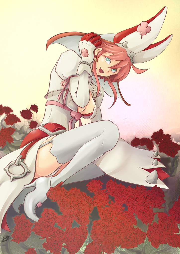 1girl, animal_ears, blue_eyes, bracelet, breasts, cleavage, elphelt, elphelt_valentine